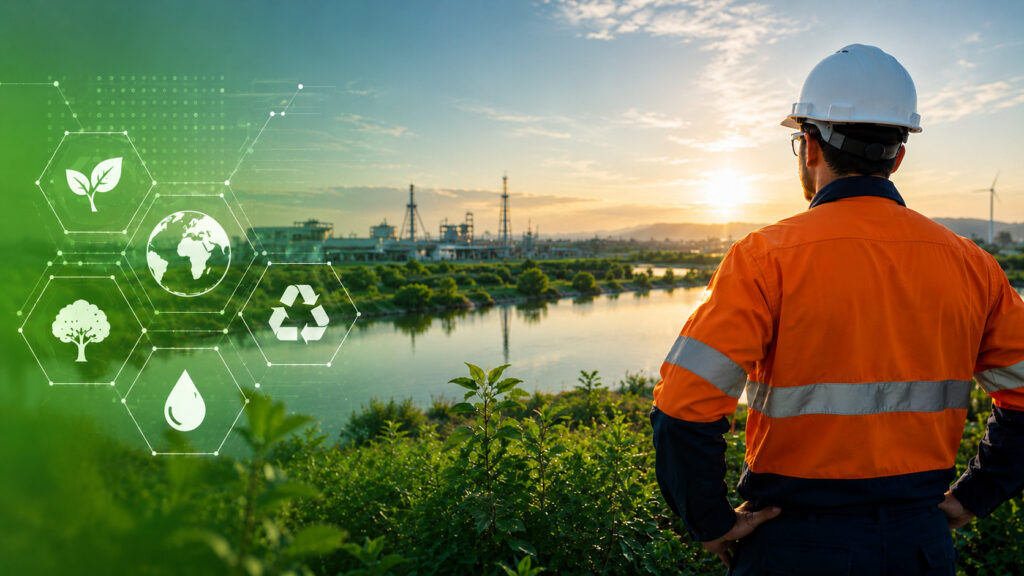Worker observing sustainable industrial landscape.