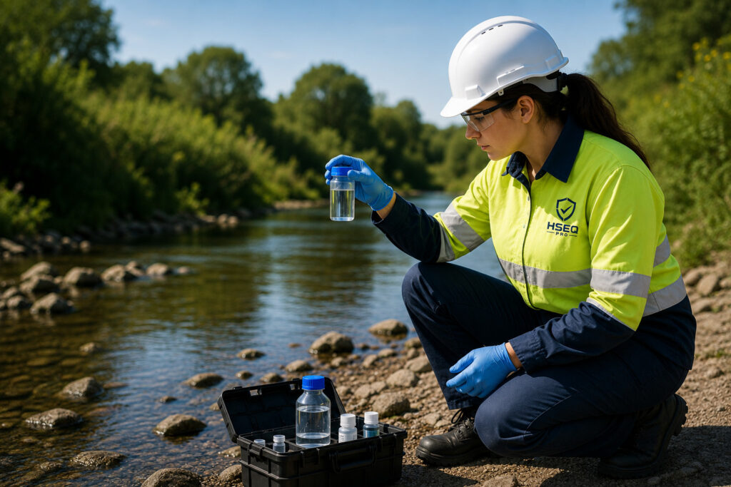 Scientist collecting water samples by river.