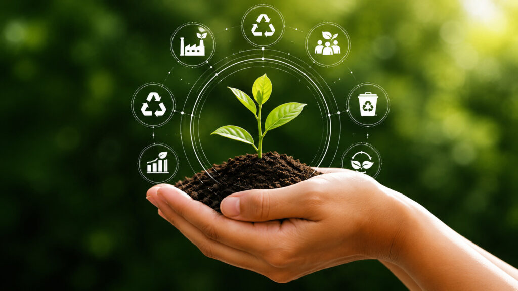 Hand holding soil with growing plant
