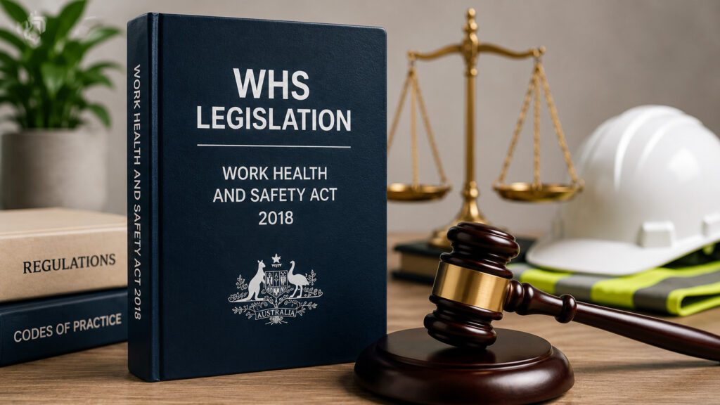 WHS legislation book with gavel and scales