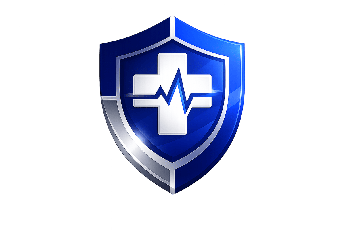 Security shield with medical cross and heartbeat line, symbolising health and safety.