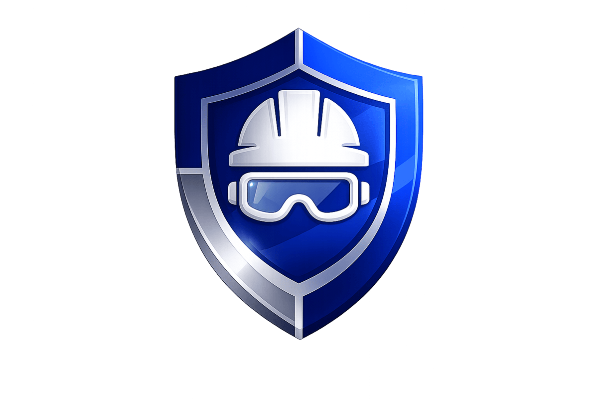 Safety shield with helmet and goggles representing workplace safety and health compliance.